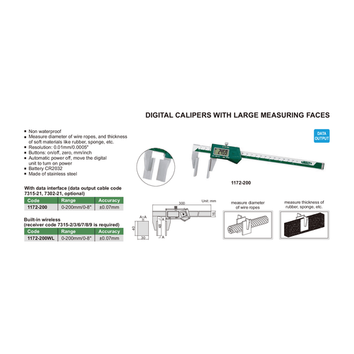 INSIZE Measuring Equipment Insize Large Face Digital Caliper 0-200mm/0-8" Range Series 1172-200