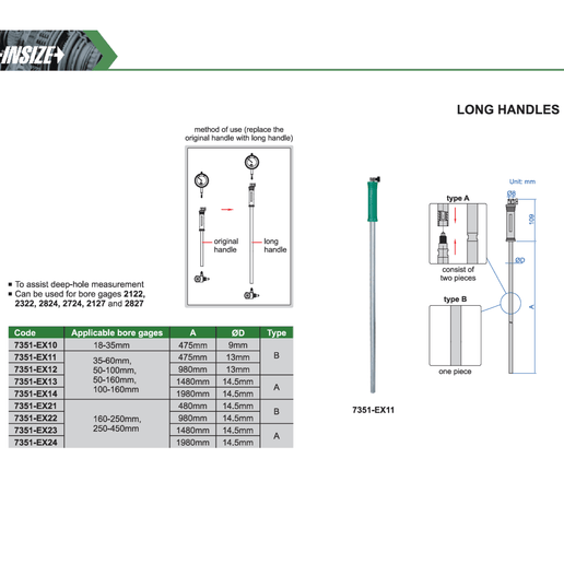 INSIZE Measuring Equipment Insize Long Handle 1480mm × 14.5mm Series 7351-EX23