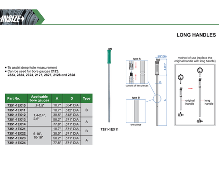INSIZE Measuring Equipment Insize Long Handle 38.5″ × 0.512″ Series 7351-1EX12