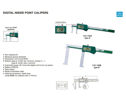 INSIZE Manufacturing Insize Digital Inside Point Caliper 25-200mm Range Series 1121-200A