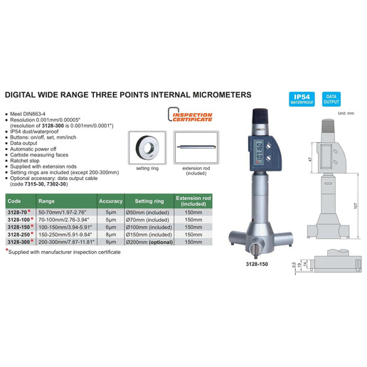 INSIZE Manufacturing Insize Digital Three Points Micrometer Set 50-70mm/ 1.97-2.76" Range Series 3128-70