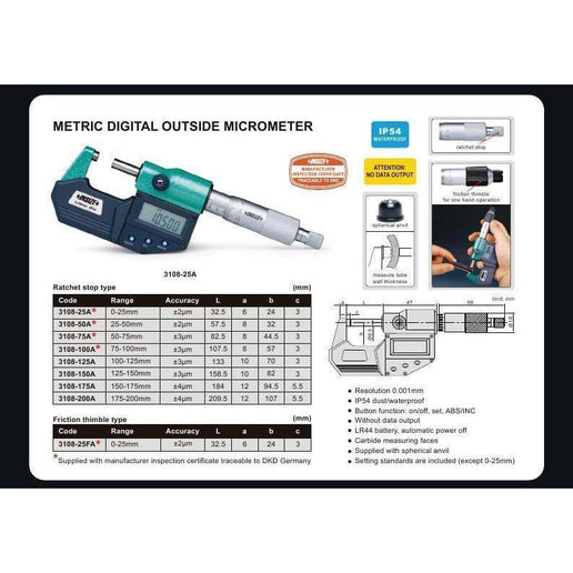 INSIZE Manufacturing Insize IP65 Digital Outside Micrometer 100-125mm / 4-5" Range Series 3108-125A
