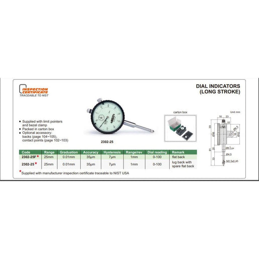 INSIZE Manufacturing Insize Metric Lug Back Dial Indicator 25mm Range Series 2302-25