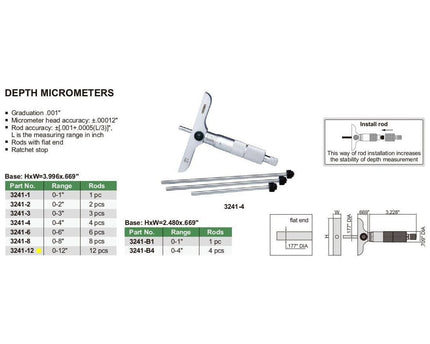 INSIZE Measuring Equipment Insize 12pc Imperial Depth Micrometer 0-12" Range Series 3241-12
