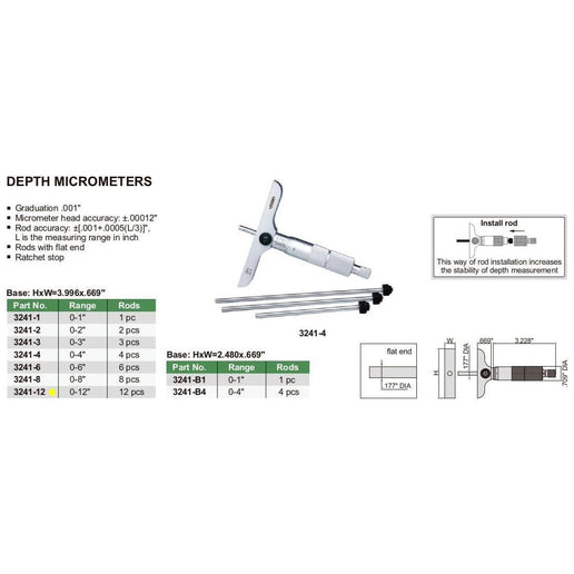 INSIZE Measuring Equipment Insize 12pc Imperial Depth Micrometer 0-12" Range Series 3241-12