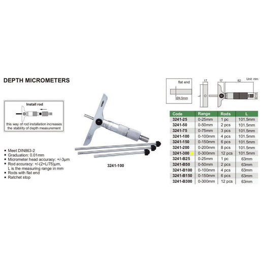 INSIZE Measuring Equipment Insize 12pc Metric Depth Micrometer 0-300mm Range Series 3241-300