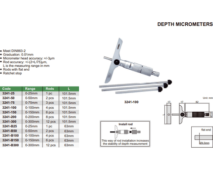 INSIZE Measuring Equipment Insize 1pc Metric Depth Micrometer 0-25mm Range Series 3241-25