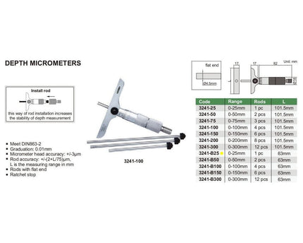INSIZE Measuring Equipment Insize 1pc Metric Depth Micrometer 0-25mm Range Series 3241-B25