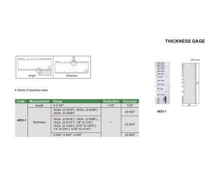 INSIZE MEASURING EQUIPMENT Insize 4853-1 Sheet Metal Thickness Gauge