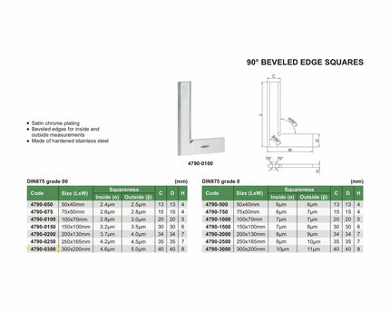INSIZE Measuring Equipment Insize 90° Bevelled Edge Square 300x200mm Range Series 4790-0300