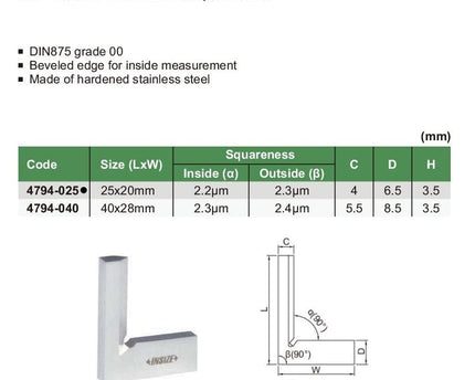 INSIZE Measuring Equipment Insize 90° Toolmakers Square 25x20mm Range Series 4794-025