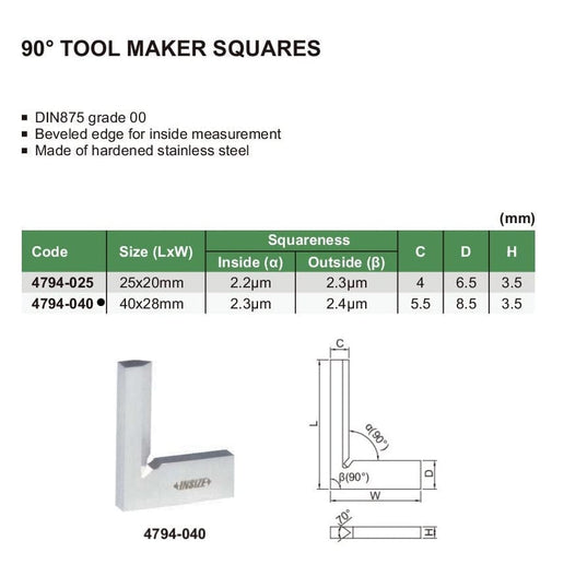 INSIZE Measuring Equipment Insize 90° Toolmakers Square 40x28mm Range Series 4794-040