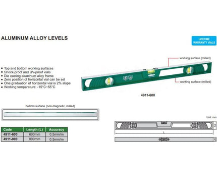 INSIZE MEASURING EQUIPMENT Insize Aluminiun Alloy Level 800mm Series 4911-800