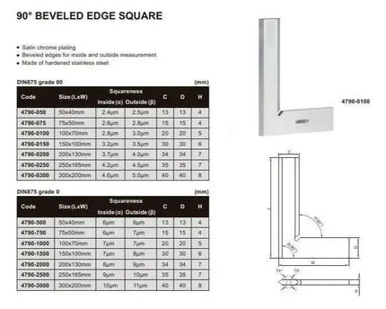 INSIZE MEASURING EQUIPMENT Insize Beveled Edge Square 150×100 mm Grade 0 Series 4790-1500