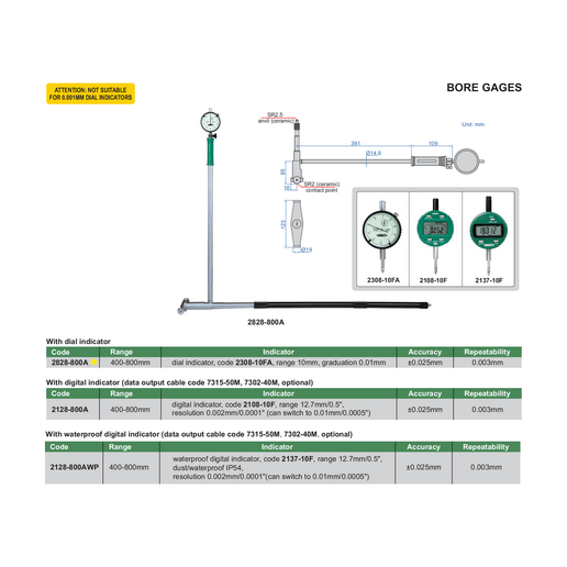 INSIZE Measuring Equipment Insize Bore Gauge 400-800mm x 0.01mm Range Series 2828-800A