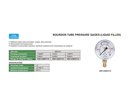 INSIZE MEASURING EQUIPMENT Insize Bourdon Tube Pressure Gauge 1/4NPT 0–10 Bar Series 5201-63N2Y10