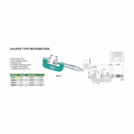 INSIZE Measuring Equipment Insize Caliper Type Micrometer 0-1" Range Series 3238-1