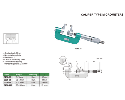 INSIZE Measuring Equipment Insize Caliper Type Micrometer 50–75mm Series 3238-75
