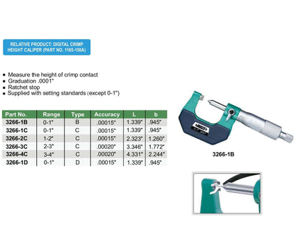 INSIZE Measuring Equipment Insize Crimp Height Micrometer 0-1" Range Series 3266-1B