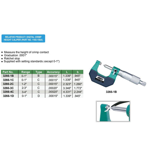 INSIZE Measuring Equipment Insize Crimp Height Micrometer 0-1" Range Series 3266-1B