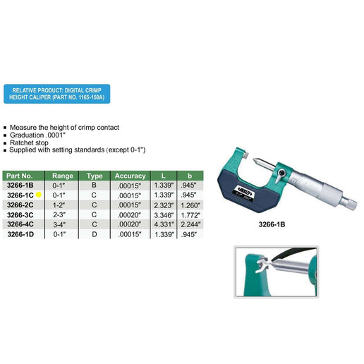 INSIZE Measuring Equipment Insize Crimp Height Micrometer 0-1" Range Series 3266-1C
