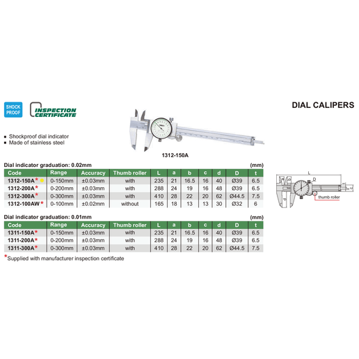 INSIZE Measuring Equipment Insize Dial Caliper 0-150mm Range Series 1312-150A