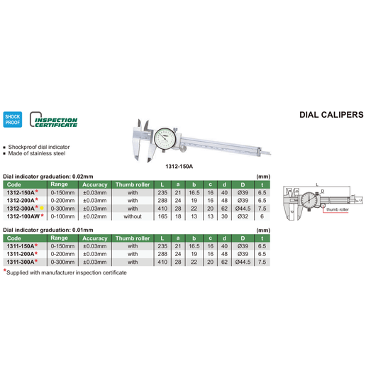 INSIZE Measuring Equipment Insize Dial Caliper 0-300mm Range Series 1312-300A