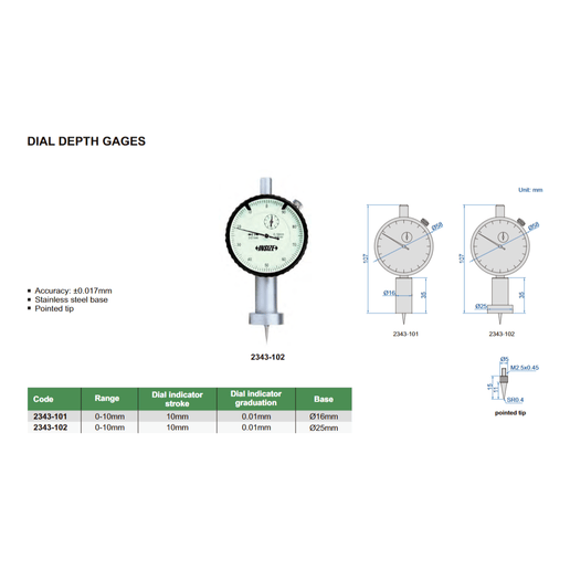 INSIZE Measuring Equipment Insize Dial Depth Gauge 0-10mm x 0.01mm Range Series 2343-101