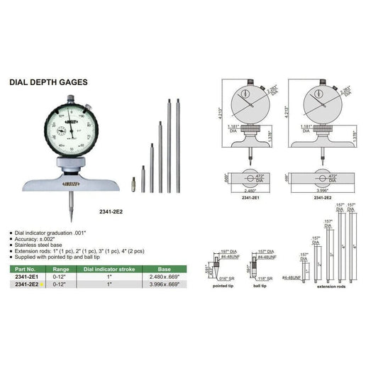 INSIZE Measuring Equipment Insize Dial Depth Gauge 0-12" x 0.001" Range Series 2341-2E2