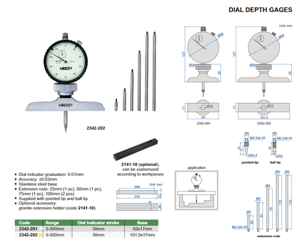 INSIZE Measuring Equipment Insize Dial Depth Gauge 0-300mm x 0.01mm Range Series 2342-202