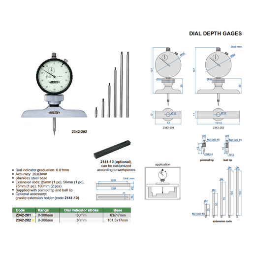INSIZE Measuring Equipment Insize Dial Depth Gauge 0-300mm x 0.01mm Range Series 2342-202