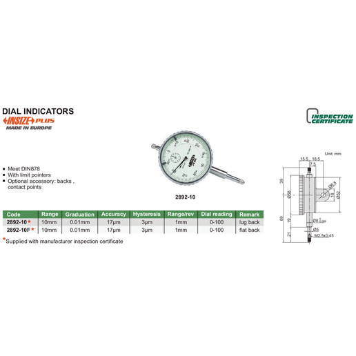 INSIZE Measuring Equipment Insize Dial Indicator 10mm Range Series 2892-10