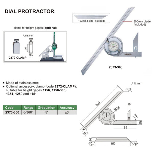 INSIZE Measuring Equipment Insize Dial Protractor 0-360 x 5' Range Series 2373-360