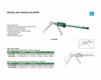 INSIZE Measuring Equipment Insize Digital Arc Radius Caliper 5-200mm/0.2-8" Range Series 1189-200B