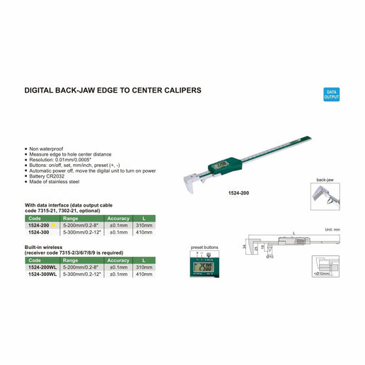 INSIZE MEASURING EQUIPMENT Insize Digital Back-Jaw Edge to Center Caliper Range Series 1524-200