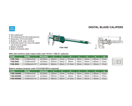 INSIZE Measuring Equipment Insize Digital Blade Caliper 0-150mm / 0-6" Range Series 1188-150A