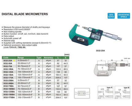 INSIZE Measuring Equipment Insize Digital Blade Micrometer 0-25mm/0-1" Range Series 3532-25A