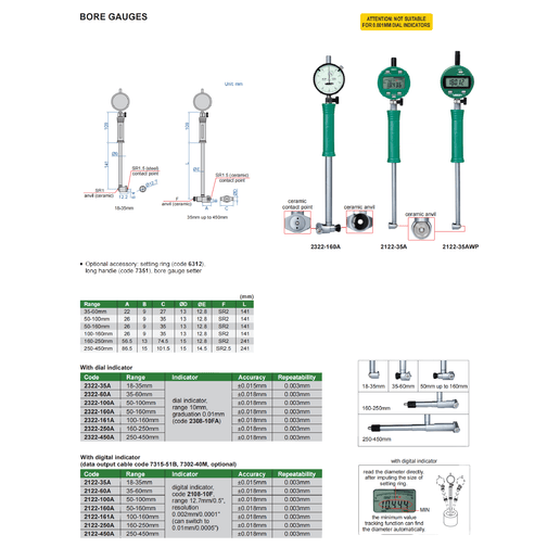 INSIZE MEASURING EQUIPMENT Insize Digital Bore Gauge 100–160 mm Range Series 2122-161A
