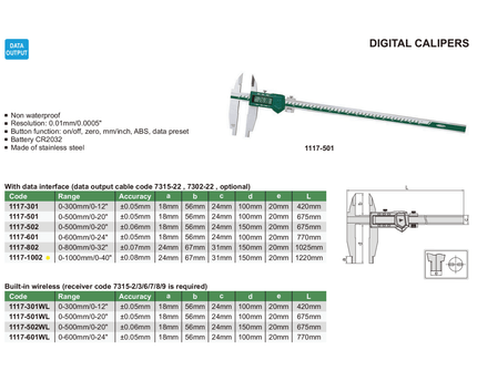 INSIZE Measuring Equipment Insize Digital Caliper 0-1000mm / 0-40" Range Series 1117-1002