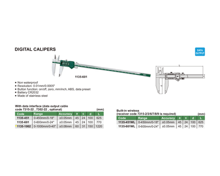 INSIZE Measuring Equipment Insize Digital Caliper  0-1000mm / 0-40" Range Series 1135-1002