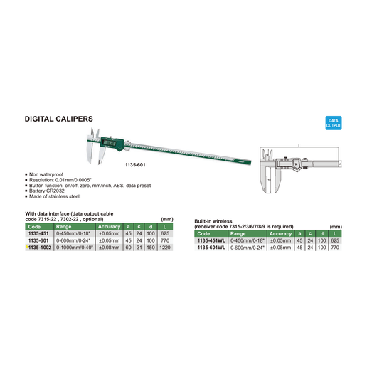 INSIZE Measuring Equipment Insize Digital Caliper  0-1000mm / 0-40" Range Series 1135-1002