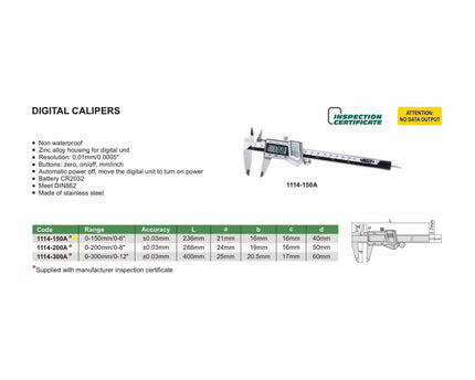 INSIZE Measuring Equipment Insize Digital Caliper 0-150mm/0-6" Range Series 1114-150A