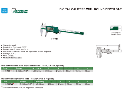 INSIZE Measuring Equipment Insize Digital Caliper 0-150mm/0-6" Range Series 1119-150
