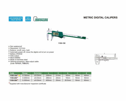 INSIZE Measuring Equipment Insize Digital Caliper 0-150mm Range Series 1109-150