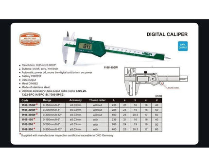 INSIZE Measuring Equipment Insize Digital Caliper  0- 200mm / 0-8" Range Series 1108-200