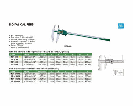 INSIZE Measuring Equipment Insize Digital Caliper 0-200mm/0-8" Range Series 1171-200