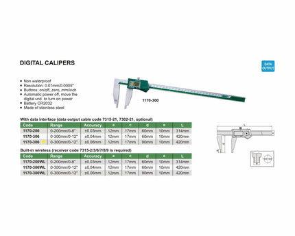 INSIZE Measuring Equipment Insize Digital Caliper 0-300mm/0-12" Range Series 1170-300
