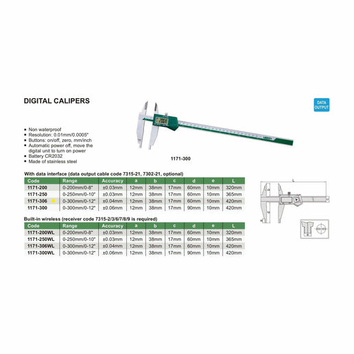 INSIZE Measuring Equipment Insize Digital Caliper 0-300mm/0-12" Range Series 1171-306