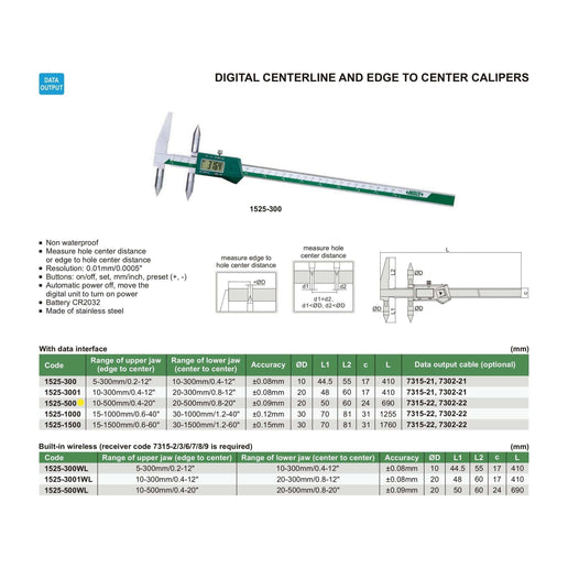 INSIZE MEASURING EQUIPMENT Insize Digital Centerline Caliper 10-500mm Range Series 1525-500