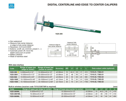 INSIZE MEASURING EQUIPMENT Insize Digital Centerline Caliper 5-300mm Range Series 1525-300